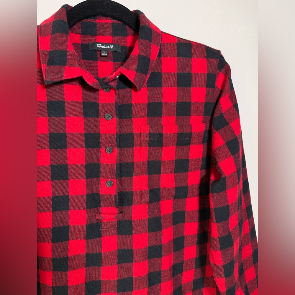 Madewell Women’s Red Buffalo Check Plaid Flannel Shirt Large Popover Top Button - Picture 3 of 12